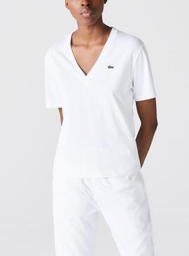 T-Shirt Lacoste Decote em V Branco para Mulher