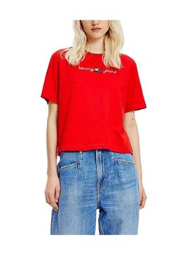 T-Shirt Tommy Jeans Boxy Crop Vermelho para Mulher