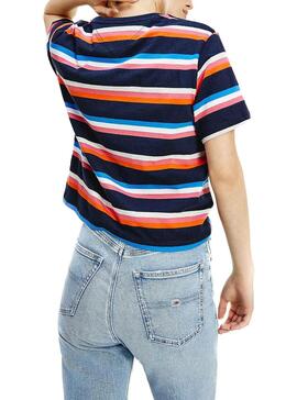 T-Shirt Tommy Jeans Boxy Crop Stripe Azul Marinho Mulher