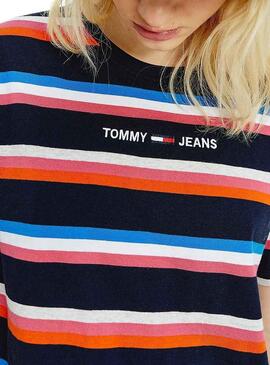 T-Shirt Tommy Jeans Boxy Crop Stripe Azul Marinho Mulher