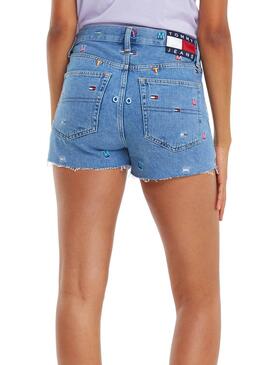 Short Jeans Tommy Jeans Monograma Azul Mulher 