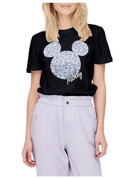 T-Shirt Only Disney Flores Mickey Preto Mulher