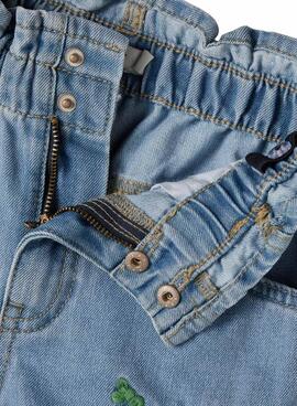Short Jeans Name It Wide Azul Flores Para Menina