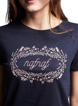 T-Shirt Naf Naf Logo Flores Azul Marinho para Mulher