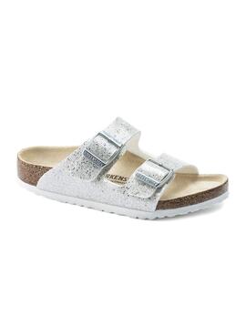 Sandálias Birkenstock Arizona prateadas para menina.