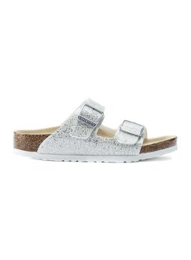 Sandálias Birkenstock Arizona prateadas para menina.