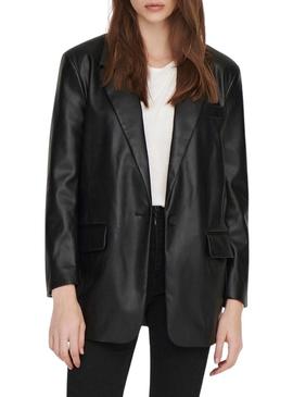 Blazer Only Lana Couro Sintético para Mulher Preto