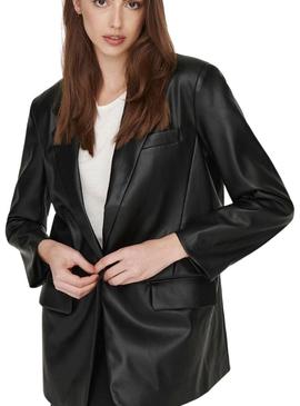 Blazer Only Lana Couro Sintético para Mulher Preto