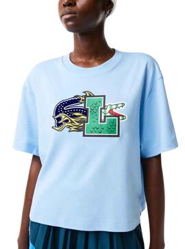 T-Shirt Lacoste Cocodrile Party para Mulher Azul