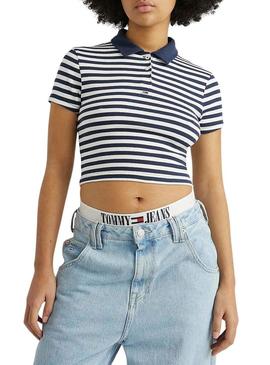 Polo Tommy Jeans Crop Stripe Azul Marinho para Mulher