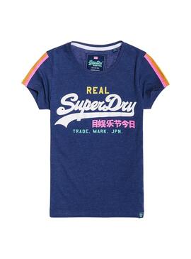 T-Shirt Superdry V Logo Stripe Mulher Azul