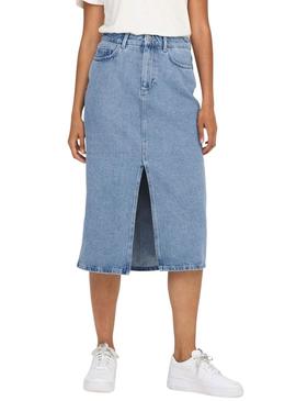 Saia Denim Only Bianca Midi Light Azul Mulher