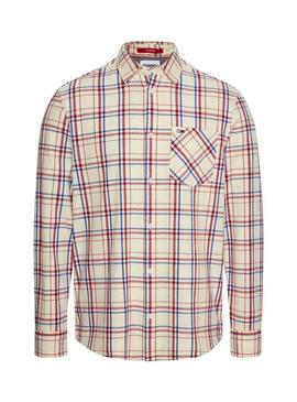 Camisa Tommy Jeans Check Pocket Bege Homem