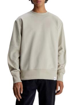 Sweat Calvin Klein Jeans Tecido Tab Crew Beige