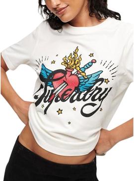 T-Shirt Superdry Tattoo Script Branco Mulher