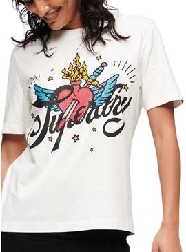 T-Shirt Superdry Tattoo Script Branco Mulher