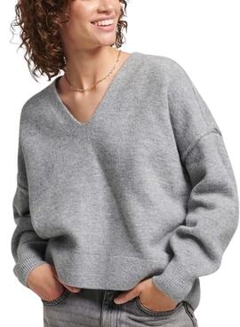 Camisola Superdry V-Neck Oversized Cinza para Mulher