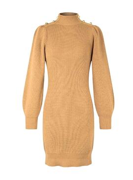 Vestido Naf Naf Knitted Manga Larga Beige para Mulher