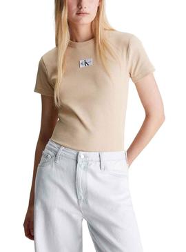 T-Shirt Calvin Klein Tecido Label Beige para Mulher