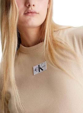 T-Shirt Calvin Klein Tecido Label Beige para Mulher