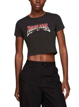 T-Shirt Tommy Jeans Crop Slim Rock Preto Mulher