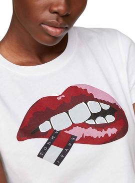 T-Shirt Tommy Jeans Crop Slim Lips Branco Mulher