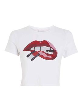 T-Shirt Tommy Jeans Crop Slim Lips Branco Mulher