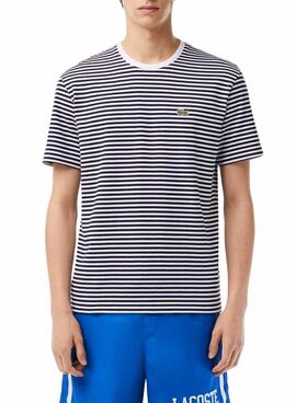 Camiseta Lacoste listrada azul marinho para homem.