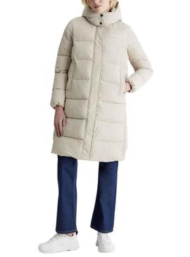 Casaca Calvin Klein Plumas Capuz Bege Mulher