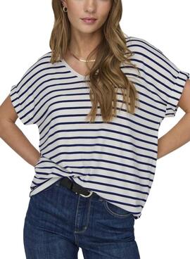 Camisa Only Moster V-Neck Listras Marinho Para Mulher.