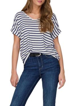 Camisa Only Moster V-Neck Listras Marinho Para Mulher.