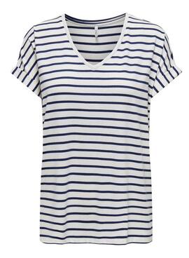 Camisa Only Moster V-Neck Listras Marinho Para Mulher.