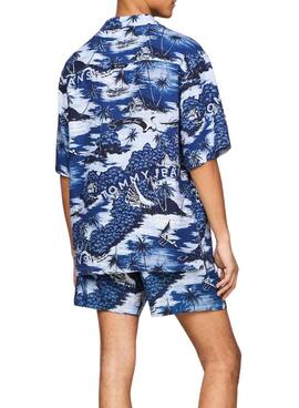 Camisa Tommy Jeans Hawaiian Azul Para Homem