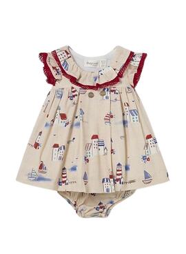 Vestido Mayoral estampado em linho bege para bebê.