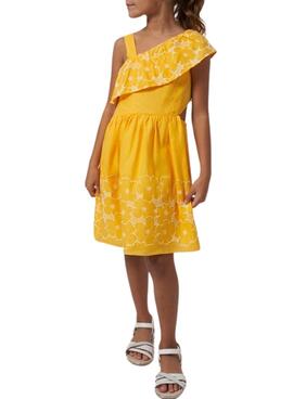 Vestido Mayoral assimétrico bordado amarelo Menina