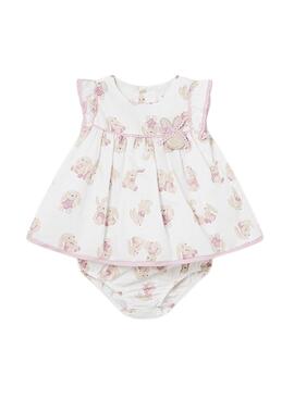 Vestido Mayoral Estampado de Cetim Rosa Bebê