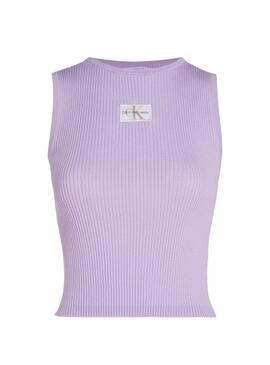 Top Calvin Klein Jeans etiqueta tecida lilás para mulher.