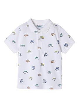 Camisa polo estampada de carros branca para menino.