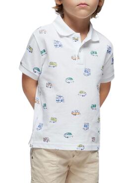 Camisa polo estampada de carros branca para menino.
