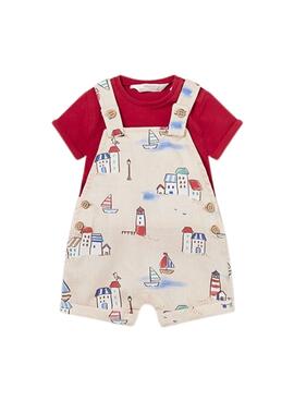 Conjunto Mayoral Macacão Touca Bege Vermelho Para Bebê