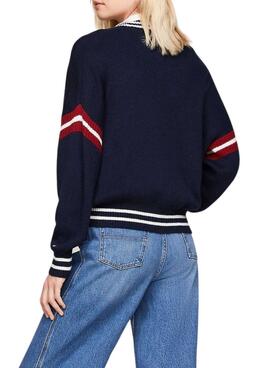 Suéter Tommy Jeans Letterman azul marinho para mulher.