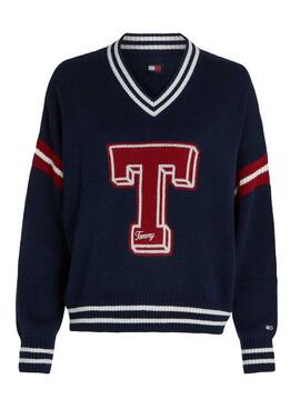 Suéter Tommy Jeans Letterman azul marinho para mulher.