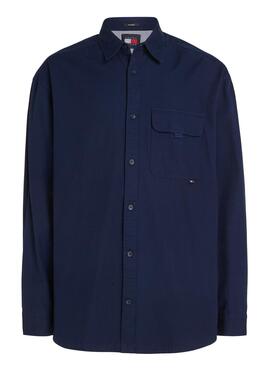 Camisa Tommy Jeans Varsity Explorer azul marinho para homem.