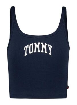 Top Tommy Jeans Varsity azul marino para mulher.