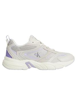 Tênis Calvin Klein Jeans Retro branco e lilás para mulher.