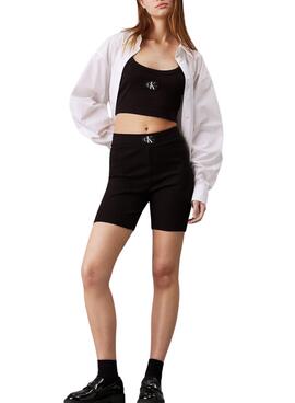 Shorts Calvin Klein Woven Label em preto canalé para mulher.