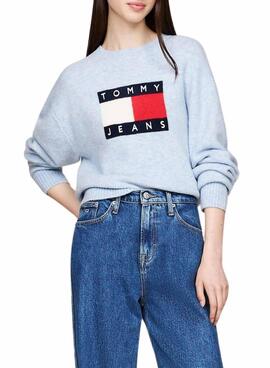 Camisola Tommy Jeans Flag em lã mesclada azul para mulher