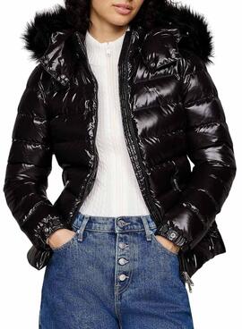 Jaqueta Tommy Jeans brilhante acolchoada preta com capuz para mulher
