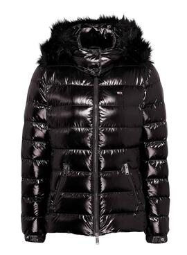 Jaqueta Tommy Jeans brilhante acolchoada preta com capuz para mulher