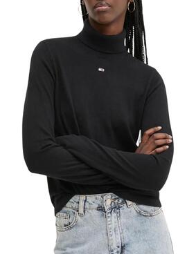 Suéter Tommy Jeans Essential gola alta preta para mulher